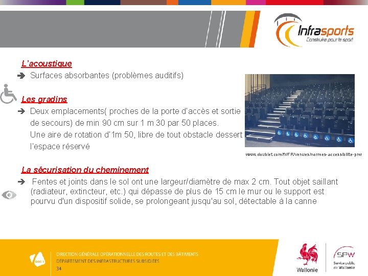 L’acoustique Surfaces absorbantes (problèmes auditifs) Les gradins Deux emplacements( proches de la porte d’accès