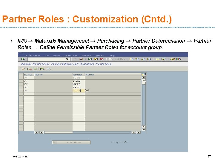 Partner Roles : Customization (Cntd. ) • IMG→ Materials Management → Purchasing → Partner