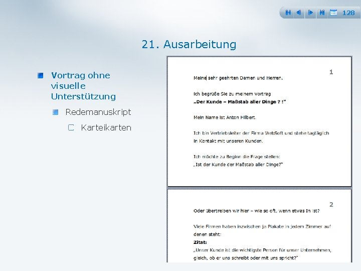 128 21. Ausarbeitung Vortrag ohne visuelle Unterstützung Redemanuskript Karteikarten 