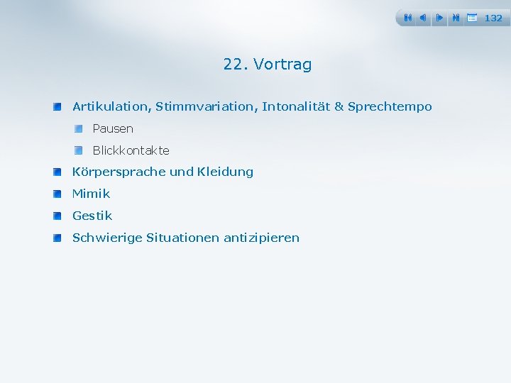 132 22. Vortrag Artikulation, Stimmvariation, Intonalität & Sprechtempo Pausen Blickkontakte Körpersprache und Kleidung Mimik