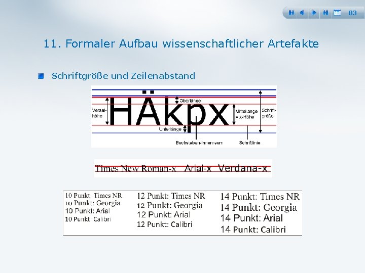 83 11. Formaler Aufbau wissenschaftlicher Artefakte Schriftgröße und Zeilenabstand 