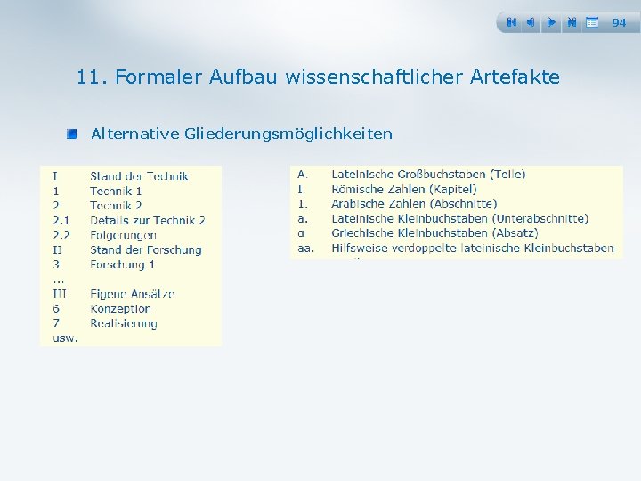 94 11. Formaler Aufbau wissenschaftlicher Artefakte Alternative Gliederungsmöglichkeiten 