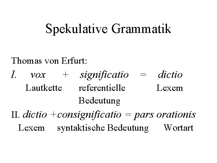 Spekulative Grammatik Thomas von Erfurt: I. vox + Lautkette significatio referentielle Bedeutung = dictio