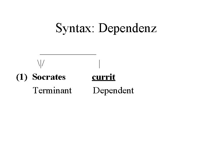 Syntax: Dependenz ______ |/ | (1) Socrates currit Terminant Dependent 