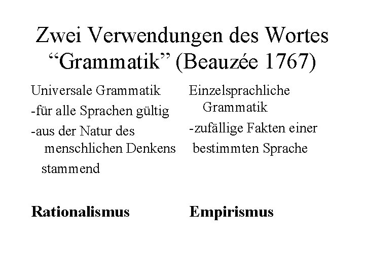Zwei Verwendungen des Wortes “Grammatik” (Beauzée 1767) Universale Grammatik Einzelsprachliche Grammatik -für alle Sprachen
