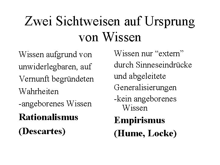 Zwei Sichtweisen auf Ursprung von Wissen aufgrund von unwiderlegbaren, auf Vernunft begründeten Wahrheiten -angeborenes