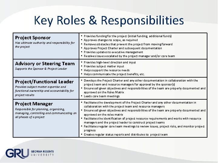 Key Roles & Responsibilities Project Sponsor • • • Provides funding for the project