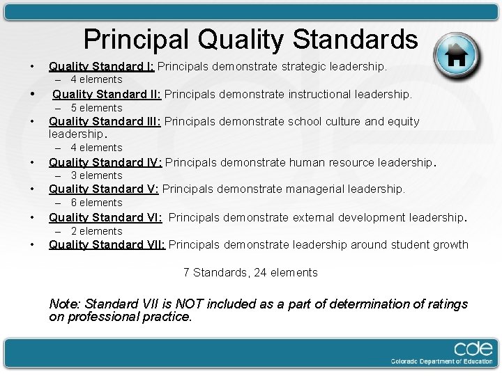 Principal Quality Standards • Quality Standard I: Principals demonstrategic leadership. – 4 elements •