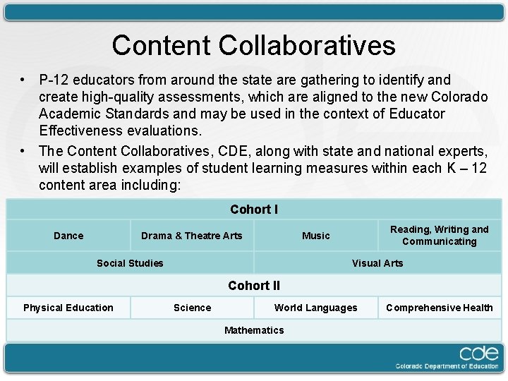 Content Collaboratives • P-12 educators from around the state are gathering to identify and