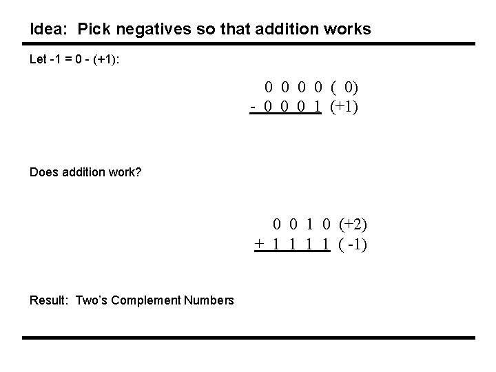Idea: Pick negatives so that addition works Let -1 = 0 - (+1): 0