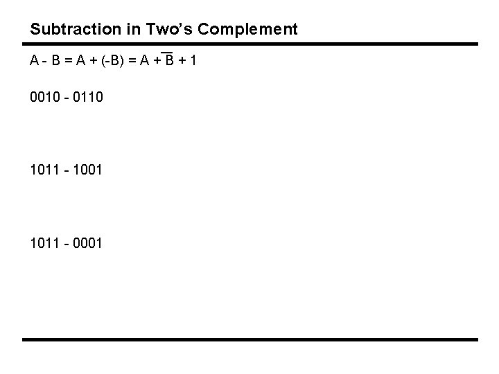 Subtraction in Two’s Complement A - B = A + (-B) = A +