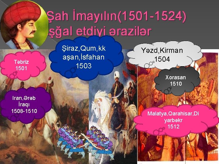 Şah İmayılın(1501 -1524) işğal etdiyi ərazilər Təbriz 1501 Şiraz, Qum, kk aşan, İsfahan 1503