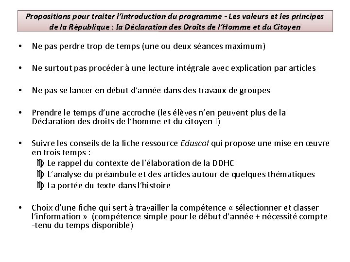 Propositions pour traiter l’introduction du programme - Les valeurs et les principes de la