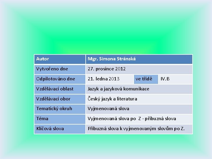 Autor Mgr. Simona Stránská Vytvořeno dne 27. prosince 2012 Odpilotováno dne 21. ledna 2013