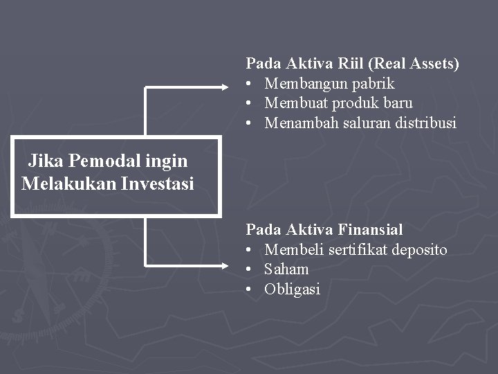 Pada Aktiva Riil (Real Assets) • Membangun pabrik • Membuat produk baru • Menambah