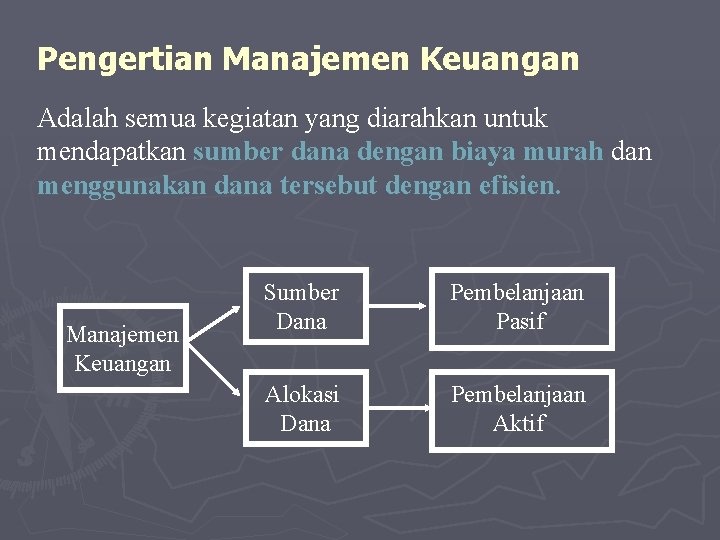 Pengertian Manajemen Keuangan Adalah semua kegiatan yang diarahkan untuk mendapatkan sumber dana dengan biaya