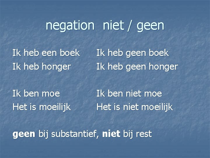 negation niet / geen Ik heb een boek Ik heb honger Ik heb geen