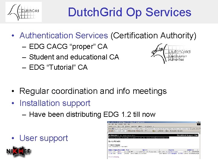 Dutch. Grid Op Services • Authentication Services (Certification Authority) – EDG CACG “proper” CA