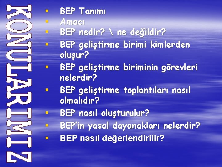 § § § § § BEP Tanımı Amacı BEP nedir?  ne değildir? BEP