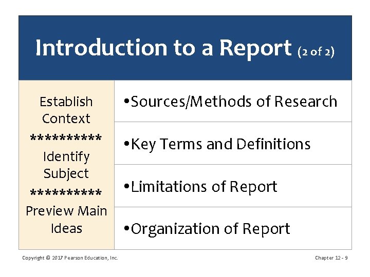 Introduction to a Report (2 of 2) Establish Context ***** Identify Subject ***** Preview