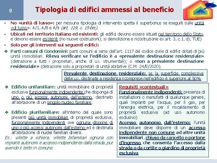 9 Tipologia di edifici ammessi al beneficio No «unità di lusso» : per nessuna