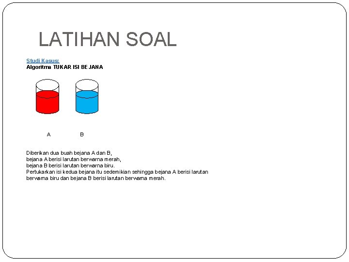 LATIHAN SOAL Studi Kasus: Algoritma TUKAR ISI BEJANA A B Diberikan dua buah bejana
