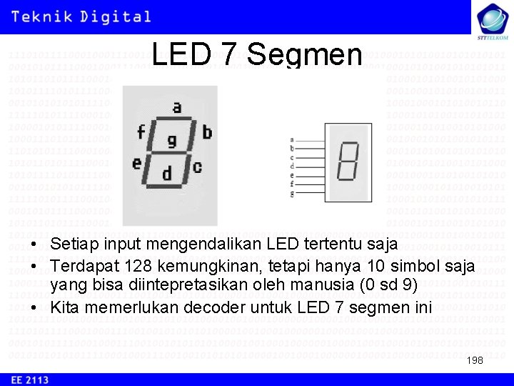 LED 7 Segmen • Setiap input mengendalikan LED tertentu saja • Terdapat 128 kemungkinan,