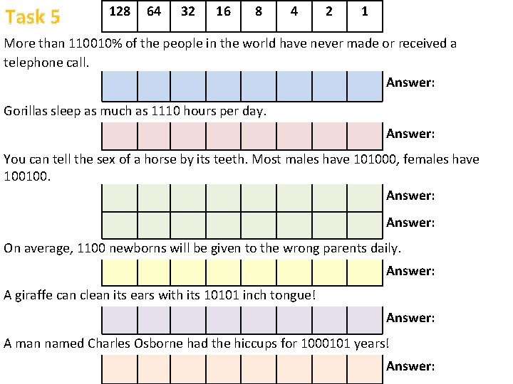 Task 5 128 64 32 16 8 4 2 1 More than 110010% of