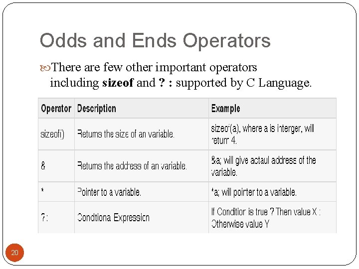 Odds and Ends Operators There are few other important operators including sizeof and ?