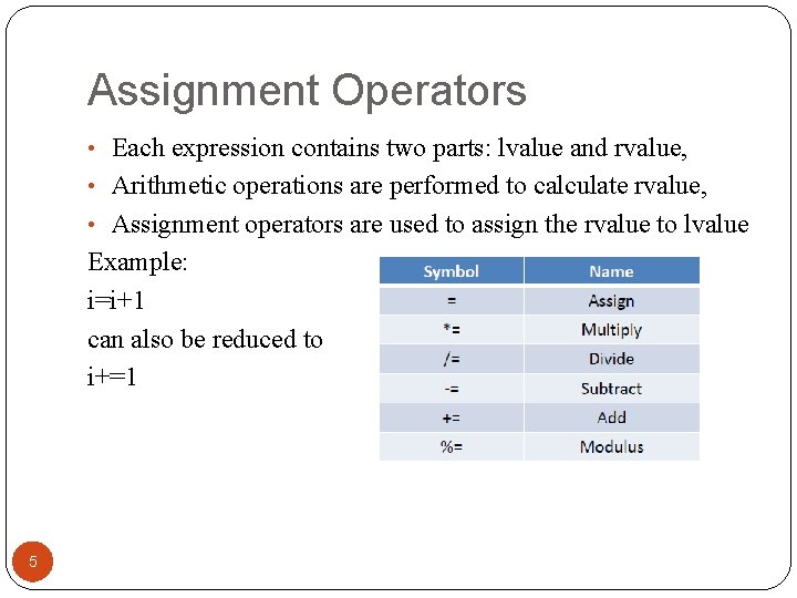 Assignment Operators • Each expression contains two parts: lvalue and rvalue, • Arithmetic operations