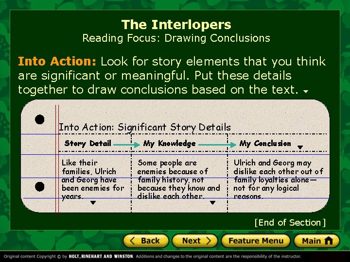 The Interlopers Reading Focus: Drawing Conclusions Into Action: Look for story elements that you