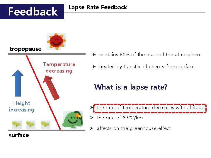 Feedback Lapse Rate Feedback tropopause Ø contains 80% of the mass of the atmosphere