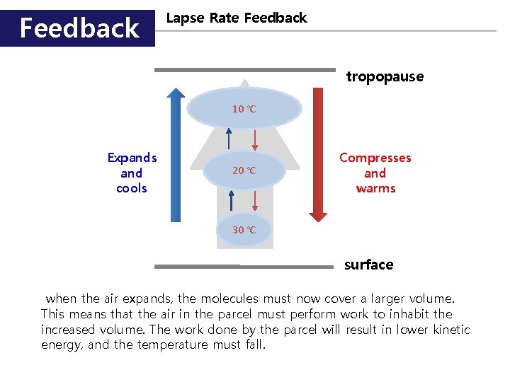 Feedback Lapse Rate Feedback tropopause 10 ℃ Expands and cools 20 ℃ Compresses and