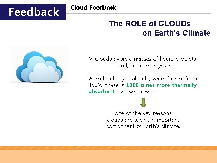 Feedback Cloud Feedback The ROLE of CLOUDs on Earth's Climate Ø Clouds : visible