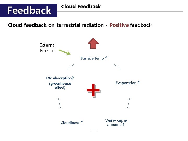 Feedback Cloud feedback on terrestrial radiation - Positive feedback External Forcing Surface temp ↑