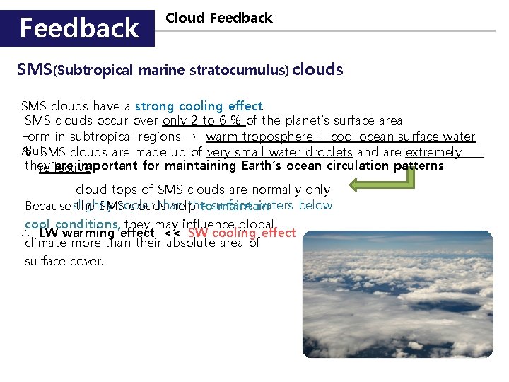 Feedback Cloud Feedback SMS(Subtropical marine stratocumulus) clouds SMS clouds have a strong cooling effect.