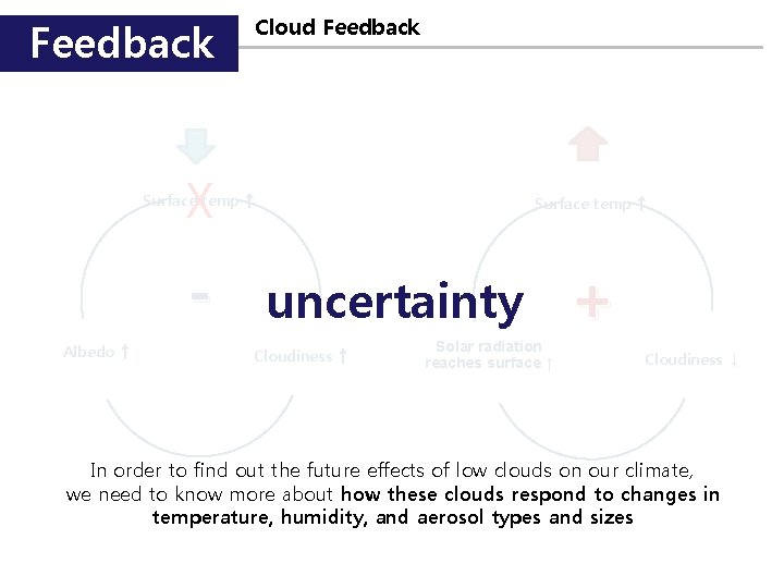 Feedback Cloud Feedback X Surface temp ↑ - uncertainty + Albedo ↑ Cloudiness ↑