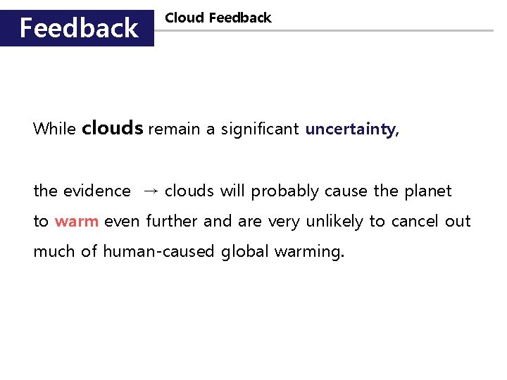 Feedback Cloud Feedback While clouds remain a significant uncertainty, the evidence → clouds will