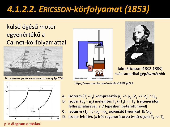 4. 1. 2. 2. ERICSSON-körfolyamat (1853) külső égésű motor egyenértékű a Carnot-körfolyamattal John Ericsson