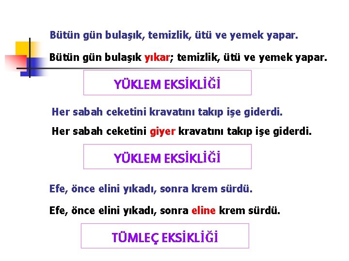 Bütün gün bulaşık, temizlik, ütü ve yemek yapar. Bütün gün bulaşık yıkar; temizlik, ütü