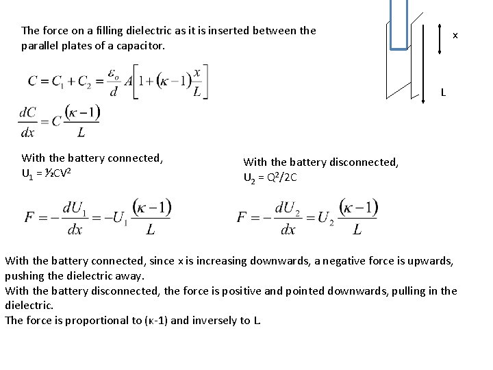 The force on a filling dielectric as it is inserted between the parallel plates