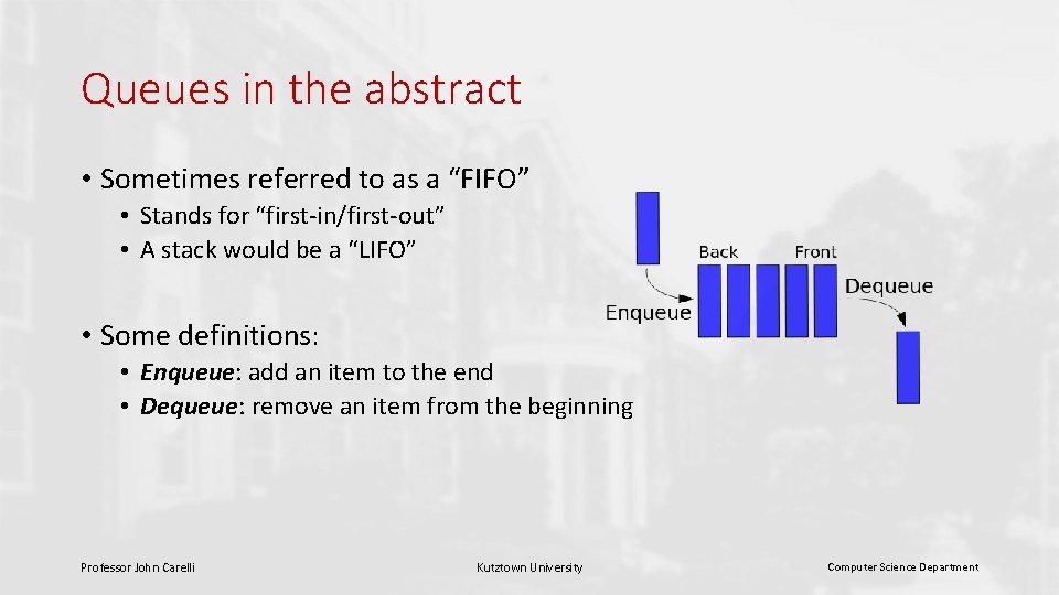 Queues in the abstract • Sometimes referred to as a “FIFO” • Stands for Queues in the abstract • Sometimes referred to as a “FIFO” • Stands for
