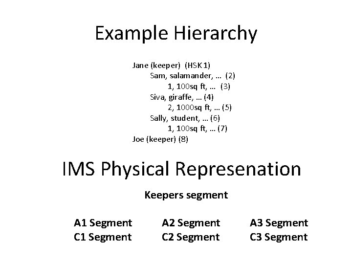 Example Hierarchy Jane (keeper) (HSK 1) Sam, salamander, … (2) 1, 100 sq ft,
