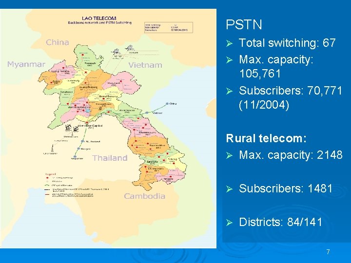 PSTN Total switching: 67 Ø Max. capacity: 105, 761 Ø Subscribers: 70, 771 (11/2004)