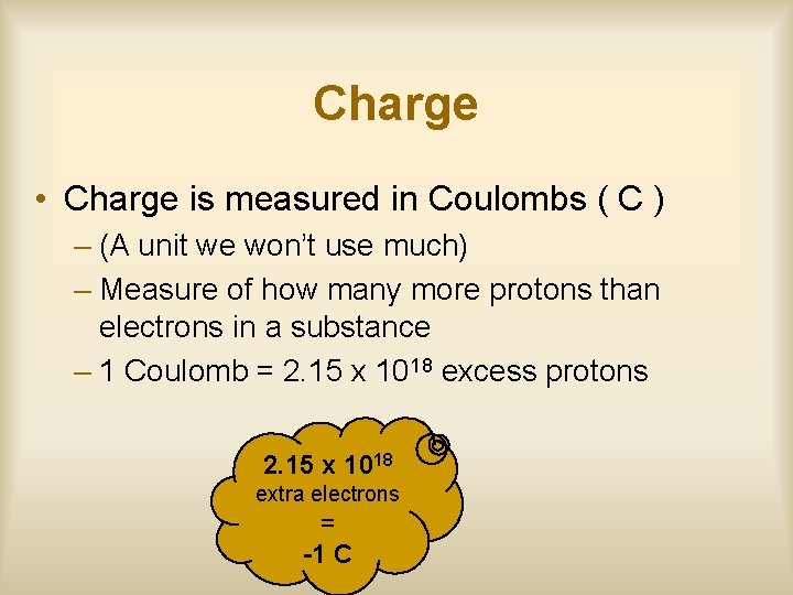 Charge • Charge is measured in Coulombs ( C ) – (A unit we