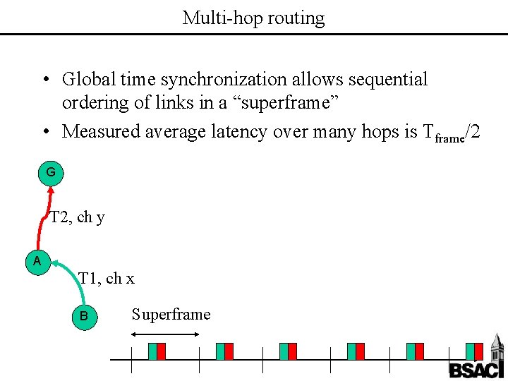 Multi-hop routing • Global time synchronization allows sequential ordering of links in a “superframe”