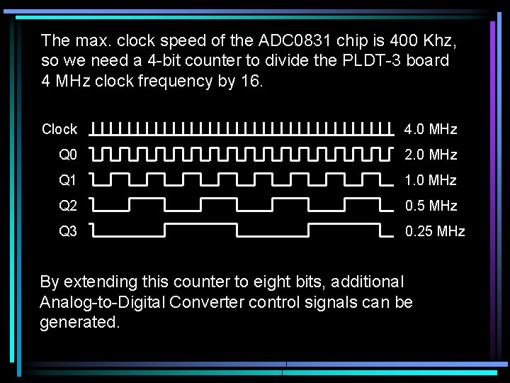 The max. clock speed of the ADC 0831 chip is 400 Khz, so we