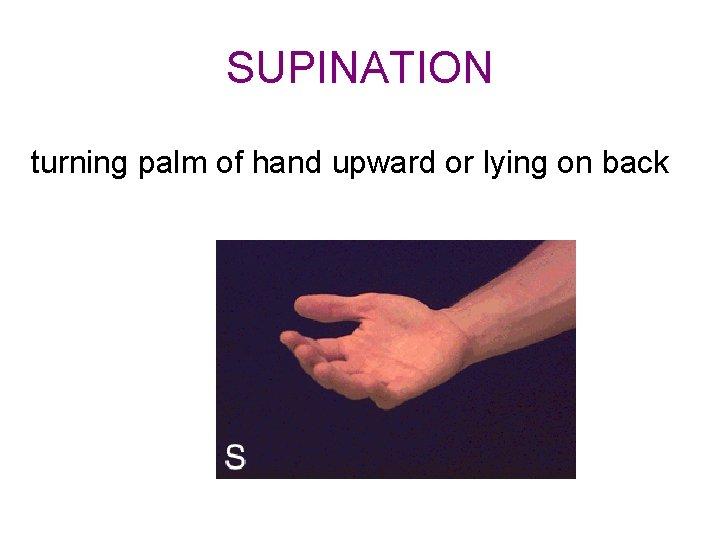 SUPINATION turning palm of hand upward or lying on back SUPINATION turning palm of hand upward or lying on back