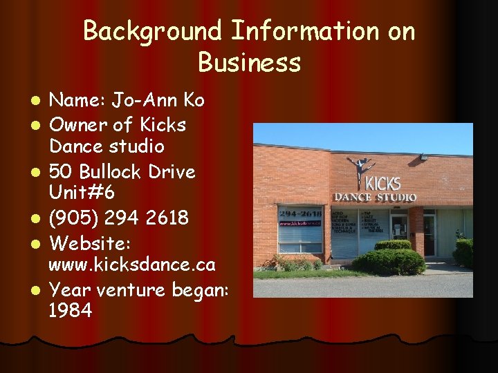 Background Information on Business l l l Name: Jo-Ann Ko Owner of Kicks Dance