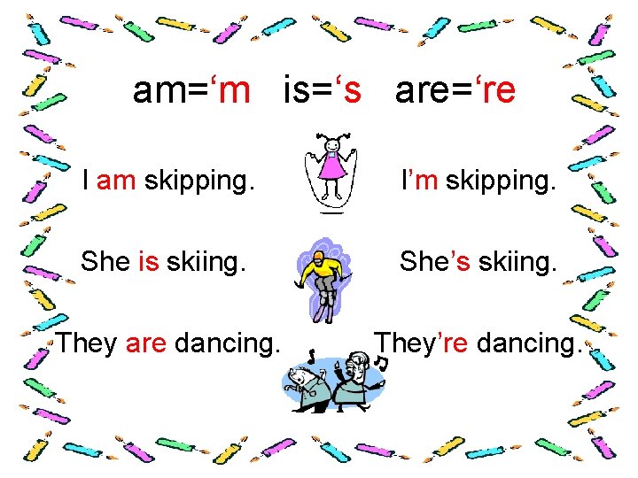 am=‘m is=‘s are=‘re I am skipping. I’m skipping. She is skiing. She’s skiing. They